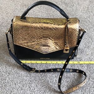 Michael Kors Bristol Medium Metallic Gold Snake Embossed Leather Satchel Bag